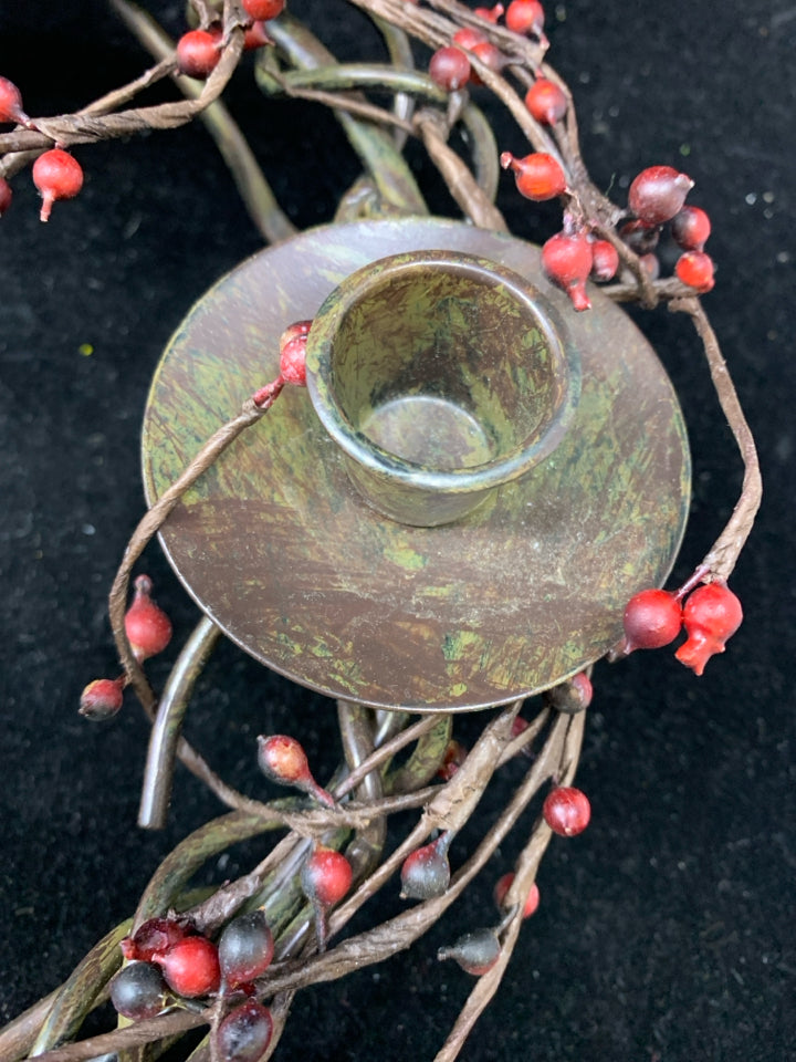 METAL TWIG AND BERRIES 3 TAPER CANDLE HOLDER.