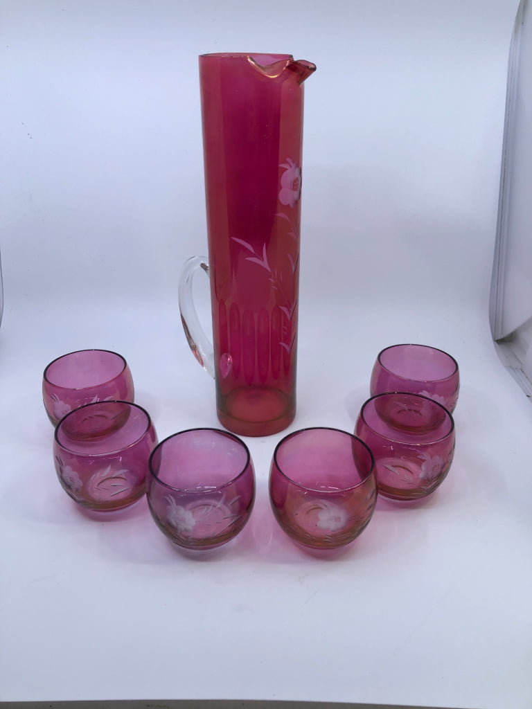 VTG 7PC RED CRANBERRY ETCHED DECANTER SET- 6 GLASSES, 1 DECANTER.