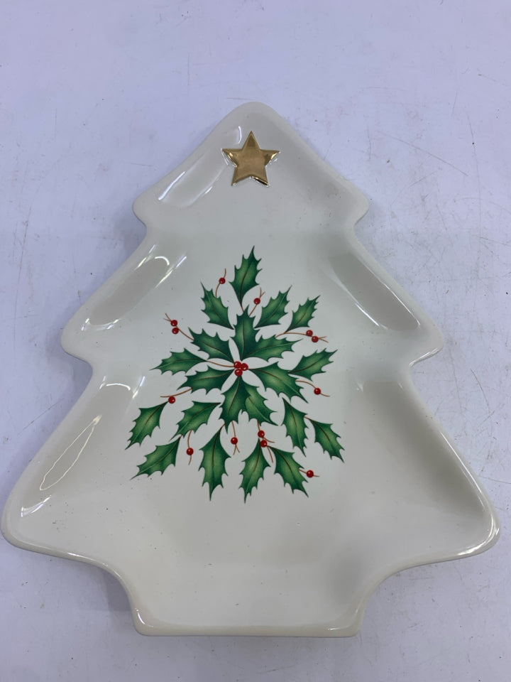 TREE SHAPED HOLLY GOLD STAR CANDY DISH-LENOX.