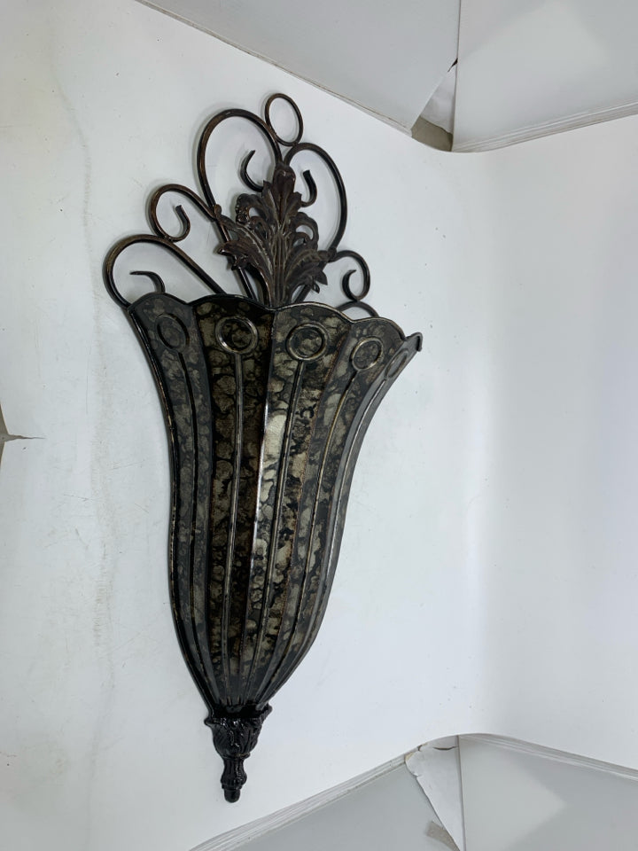 DARK METAL LARGE SCROLL WALL POCKET/VASE.