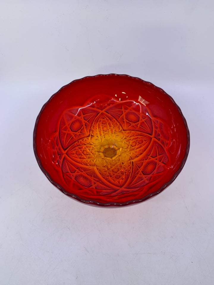 VTG AMBERINA YELLOW/RED GLASS PEDESTAL BOWL DETAILED BOTTOM.