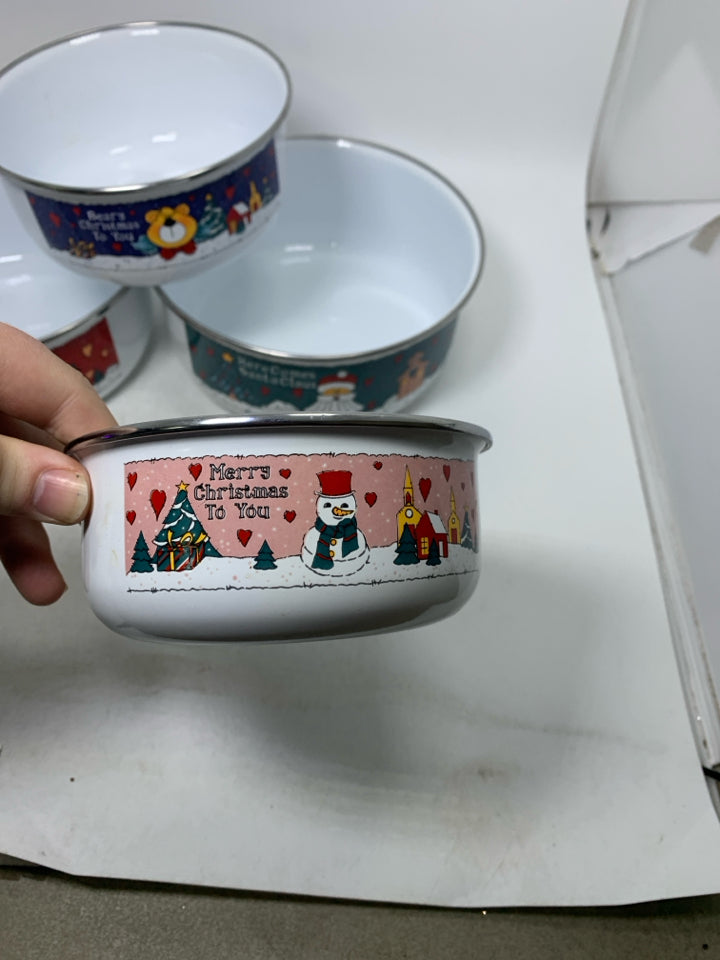 5 NESTING WHITE ENAMEL BOWLS W/ DIFFERENT CHRISTMAS SCENES & LIDS.