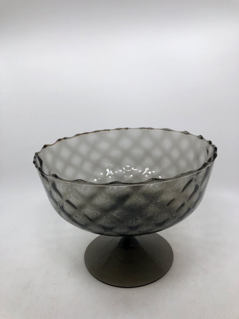 DIAMOND CUT SMOKY GLASS PEDESTAL BOWL.