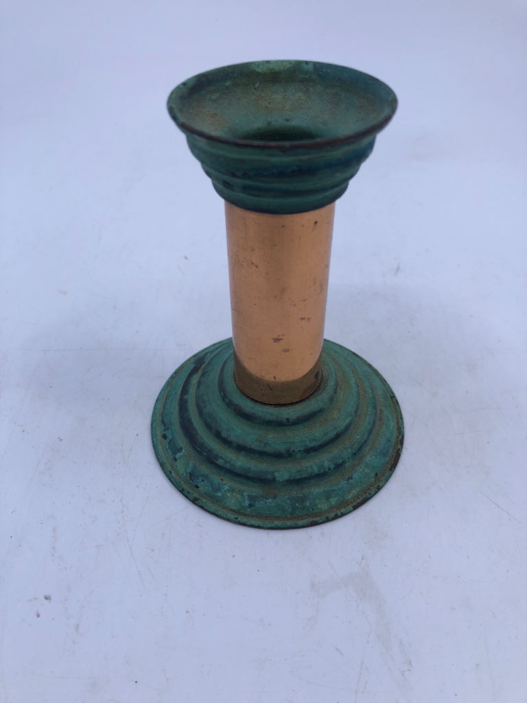 3 COPPER CANDLE HOLDERS W CANDLES.