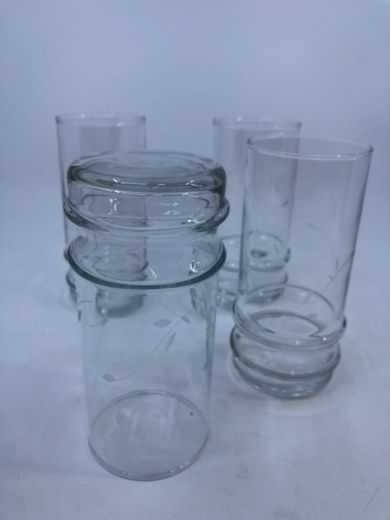 4 ETCHED GLASS TUMBLERS.