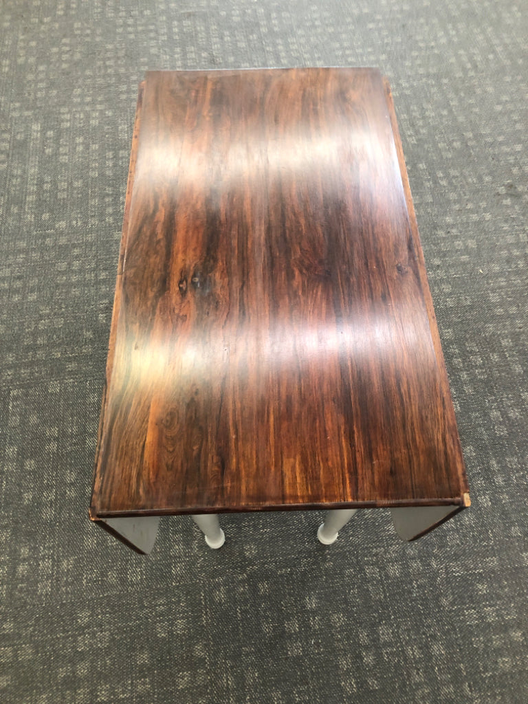 CHERRY WOOD TOP GREY PAINTED DROP LEAF TABLE.