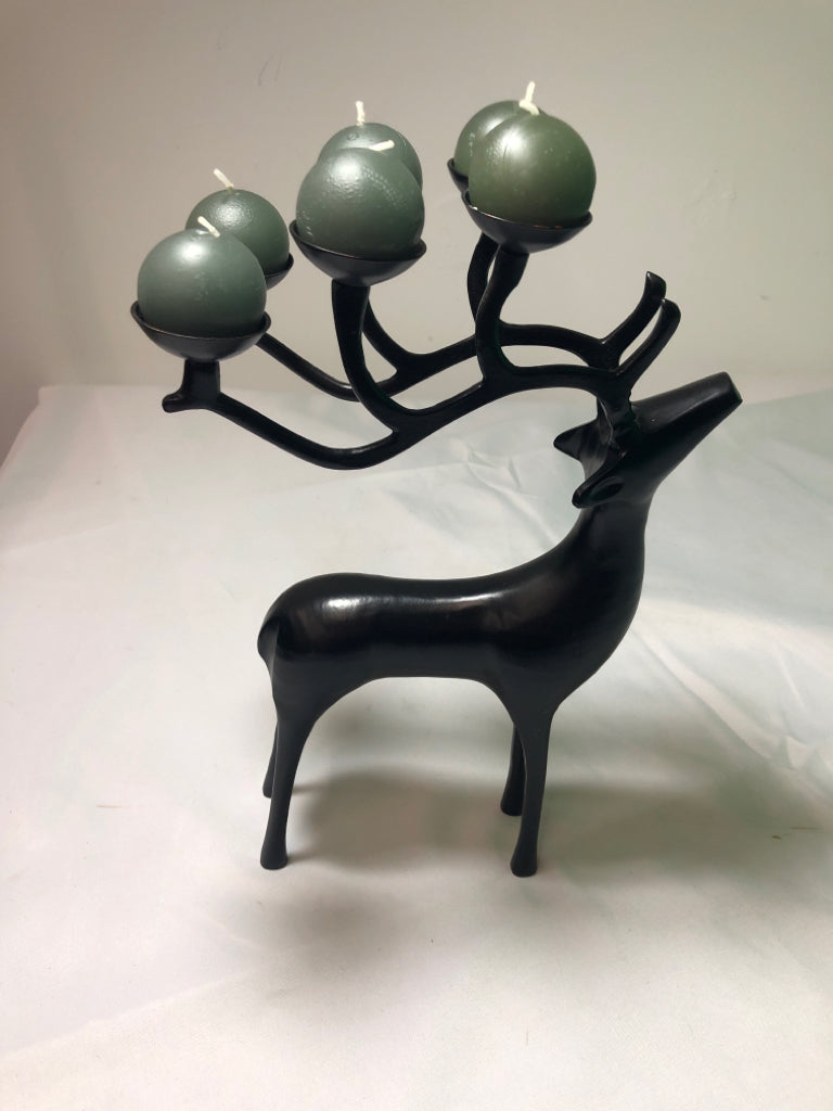 BLACK METAL DEER W/ 6 GREEN CIRCLE CANDLES ON ANTLERS.