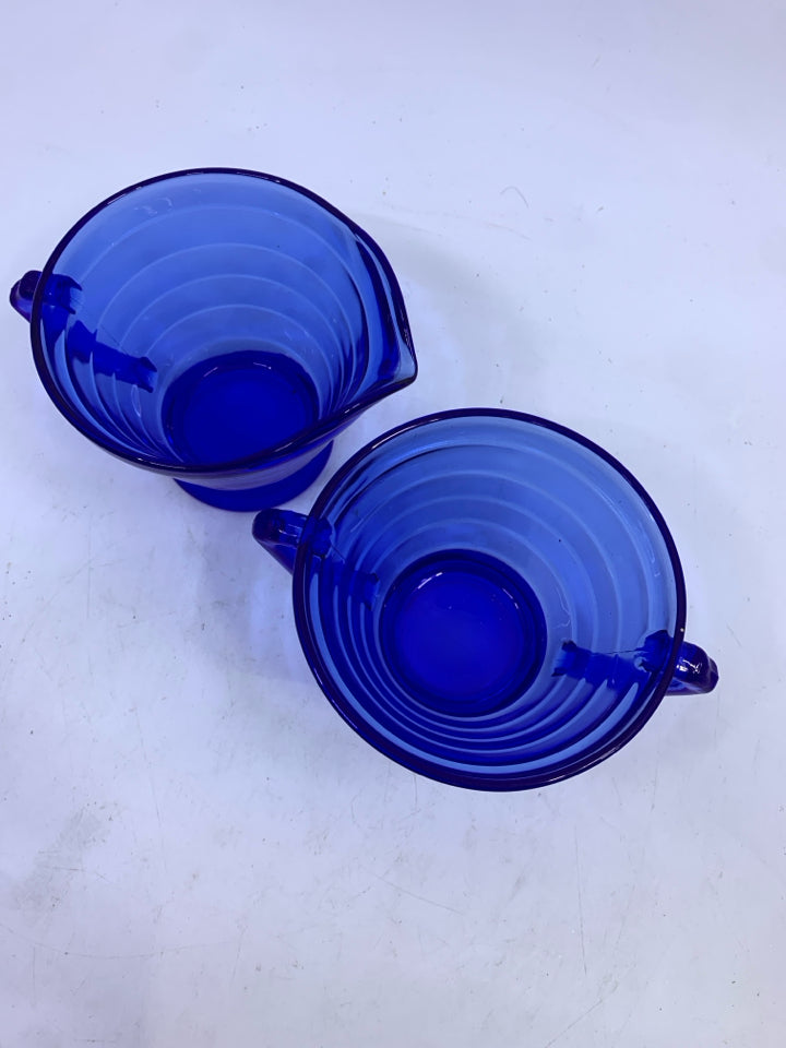 2PC COBALT BLUE RIBBED SUGAR & CREAMER SET.