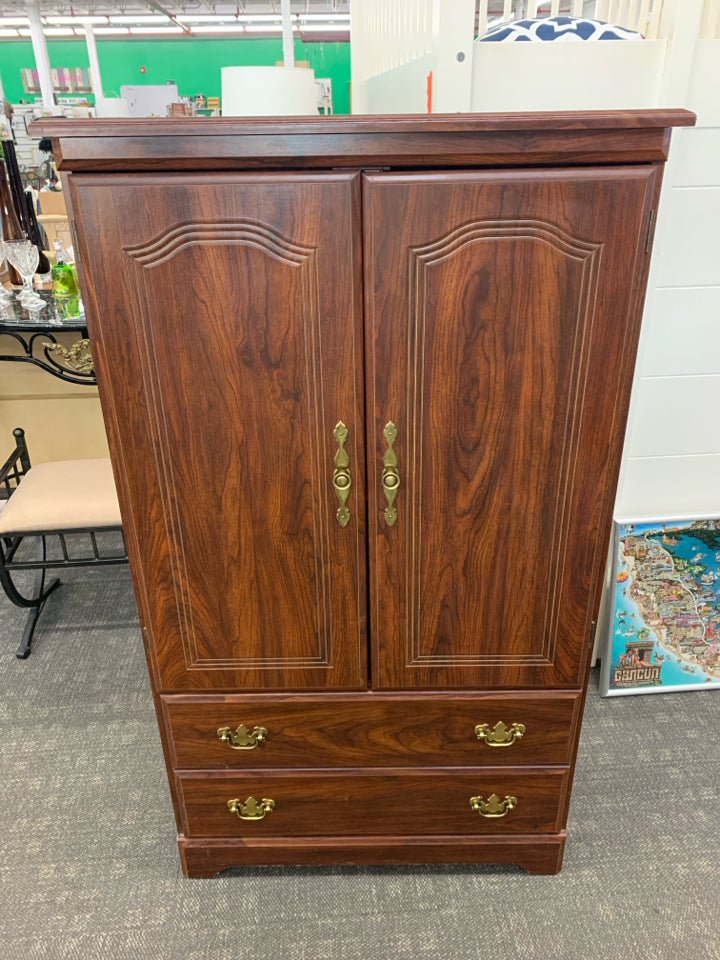 FAUX CHERRY WOOD ARMOIRE 2 DRAWERS CABINET W/ 3 SHELVES GOLD HARDWARE.