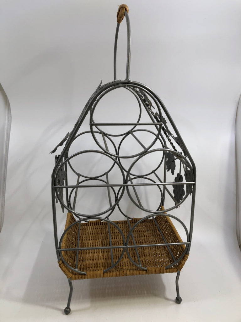 SILVER WINE RACK W/LEAVES AND WOVEN BOTTOM.