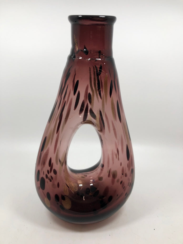 TEARDROP PURPLE BLOWN GLASS VASE W/GOLD AND BLACK ACCENTS.