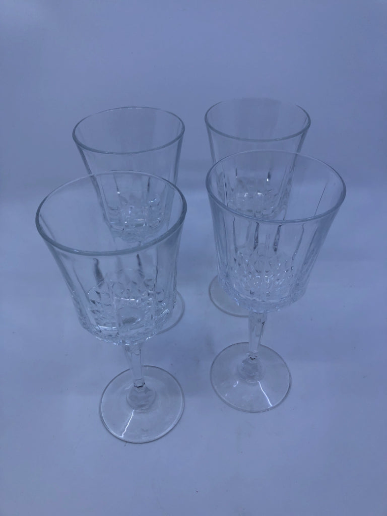 4 TALL CUT GLASS BOTTOM WINE GLASSES.