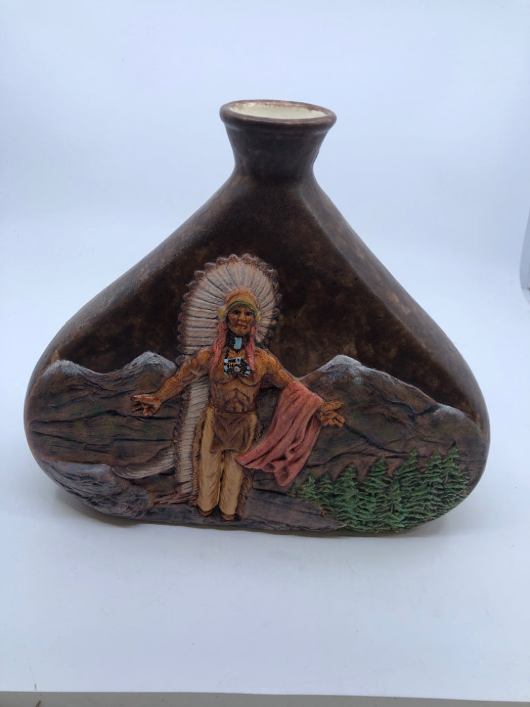 WIDE CERAMIC EMBOSSED INDIGENOUS MAN DECANTER W STOPPER.