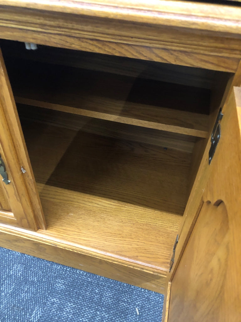 LARGE OAK WOOD HUTCH W GLASS SHELVES - 2PC.
