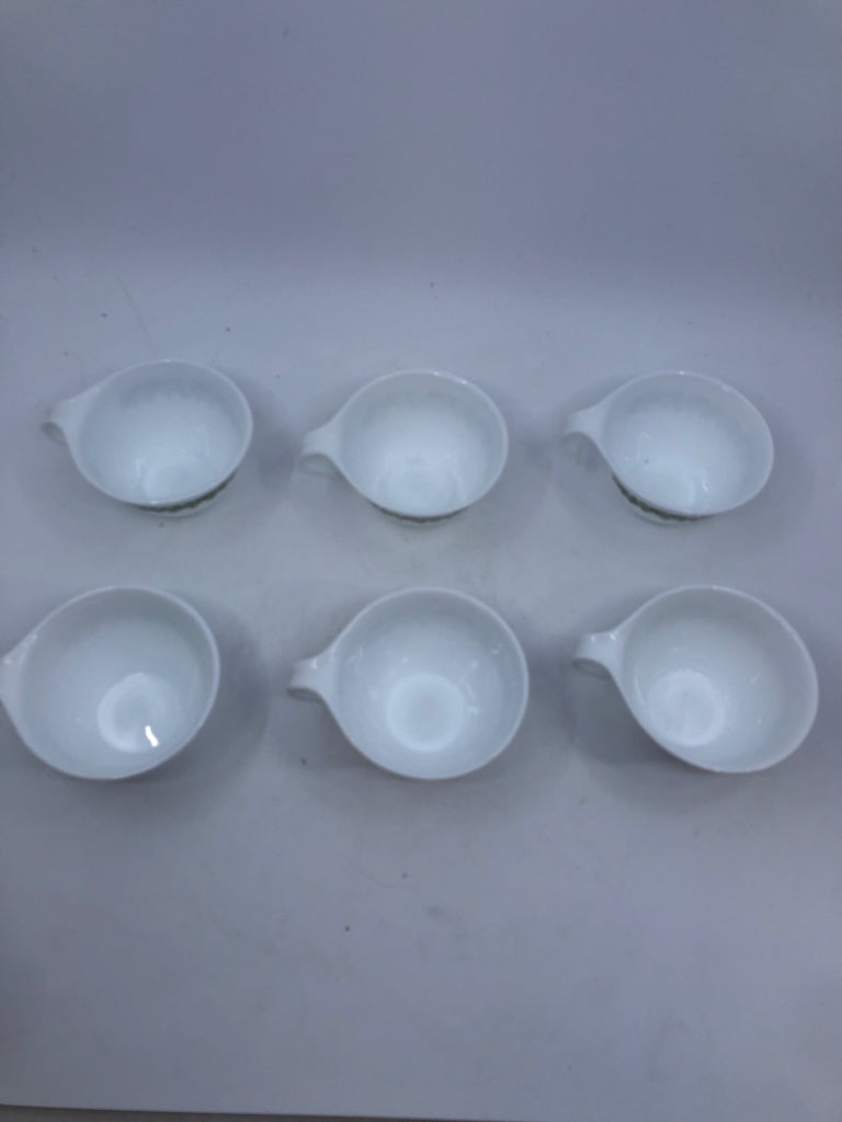 6 CORELLE GREEN FLOWER CUPS W/ CURVED HANDLE.