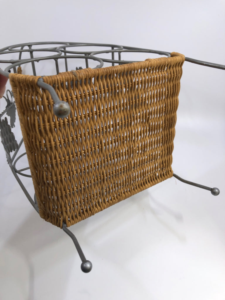 SILVER WINE RACK W/LEAVES AND WOVEN BOTTOM.