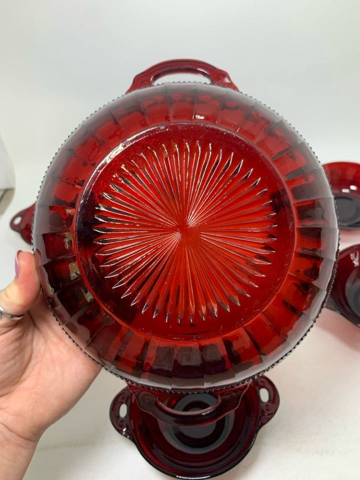 6 PC VTG RUBY RED BERRY BOWLS W/ HANDLES .