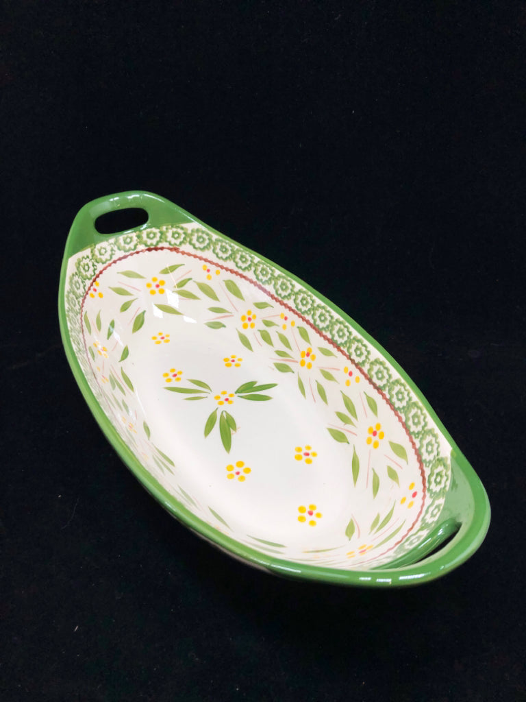 GREEN FLORAL TEMPTATIONS OVAL BOWL W/HANDLES.