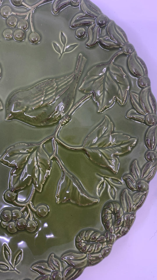 GREEN EMBOSSED BIRD/BRANCHES PLATE.