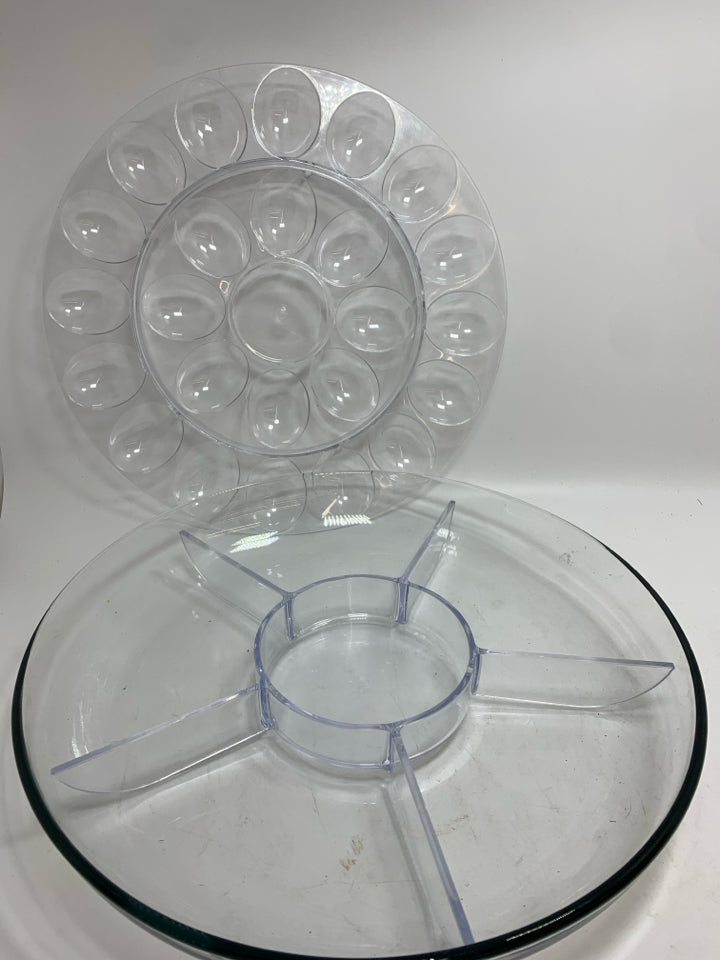GLASS BOWL W/PLASTIC EGG AND DIP INSERTS.