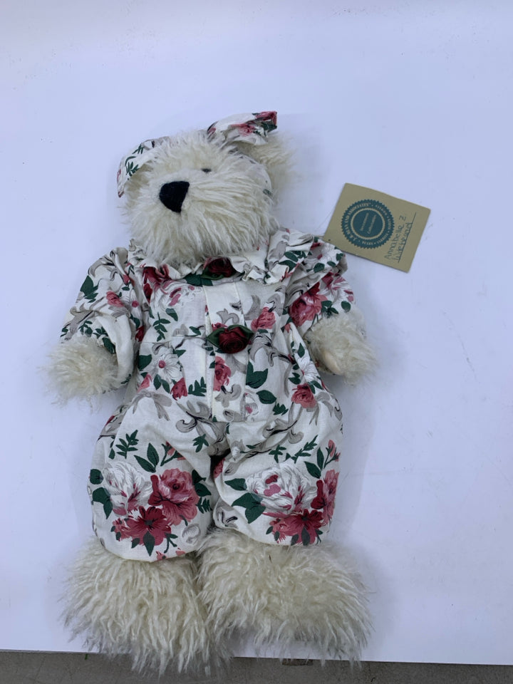WHITE SHAG BEAR W/ FLORAL JUMPSUIT BOYDS BEAR.