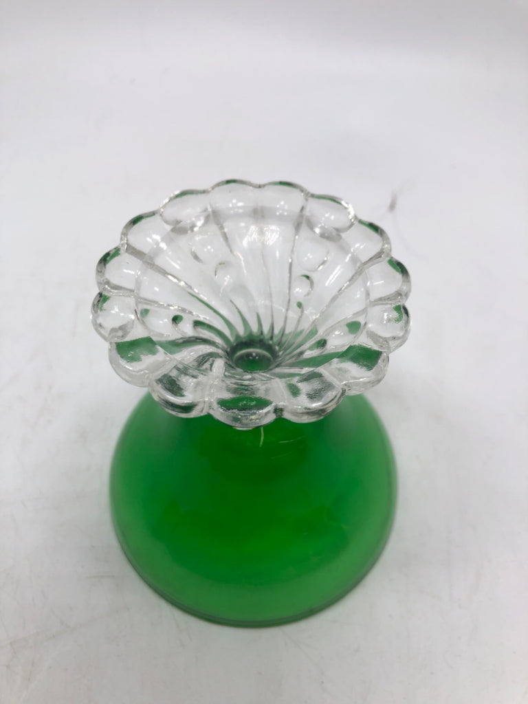 4 GREEN GLASS DESSERT DISHES W/CLEAR GLASS BUBBLE BASE.