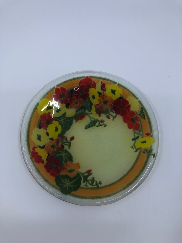 WARM COLORED FLOWERS FUSED GLASS PLATE.