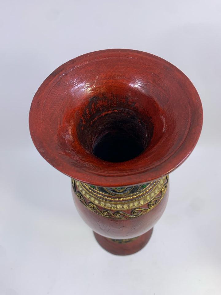 RED PLASTER VASE W/RAISED GOLD DETAILS.