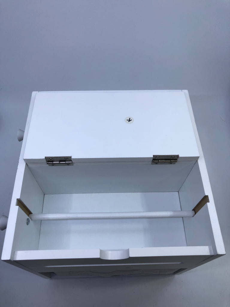 WHITE ORGANIZATION SPINNING CUBE W/ PULL-OUT DRAWER, 2 HOOKS & MAGNET WALL.