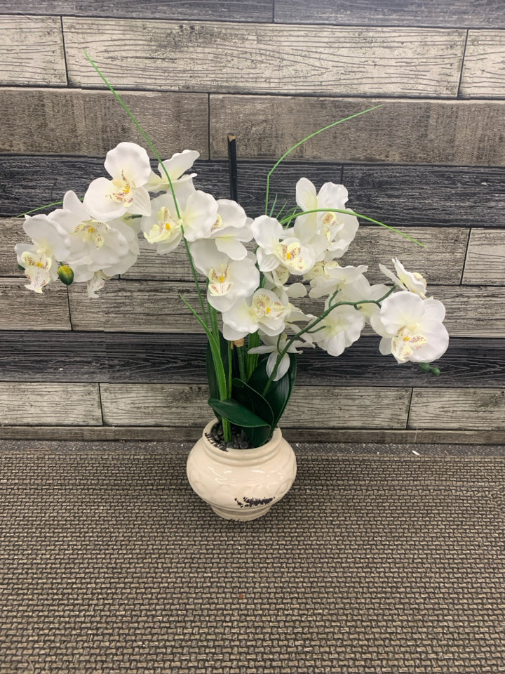FAUX WHITE ORCHID IN RUSTIC CERAMIC POT.