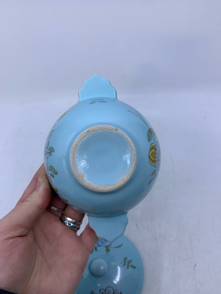 VTG 3 PC LIGHT BLUE CANISTER W/ DRIP PLATE FLORAL.