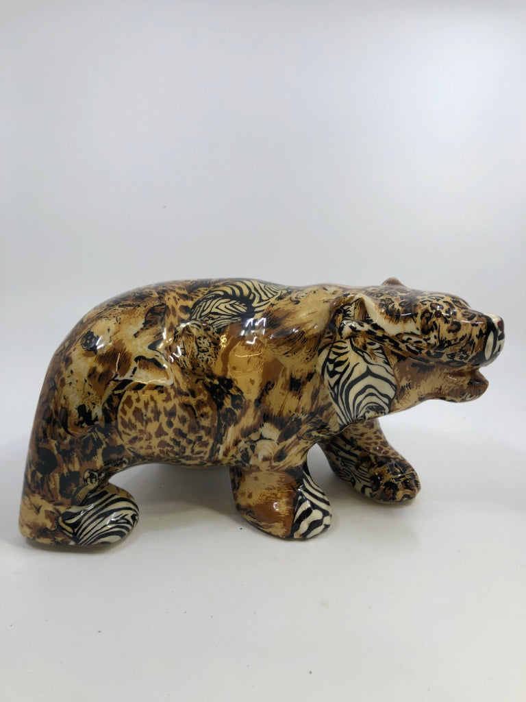 SAFARI PATCHWORK BEAR CERAMIC W/FABRIC OVERLAY GLAZE.