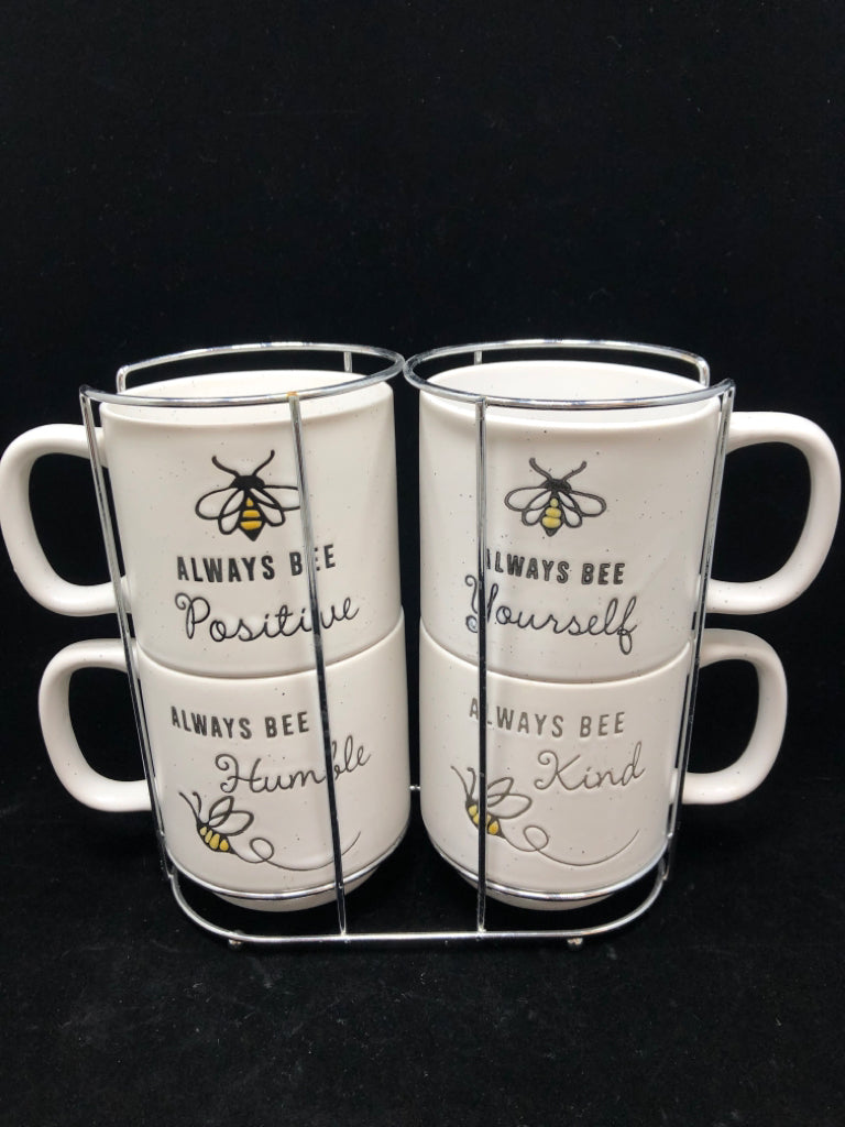 4PC "ALWAYS BEE" MUGS IN METAL FRAME.