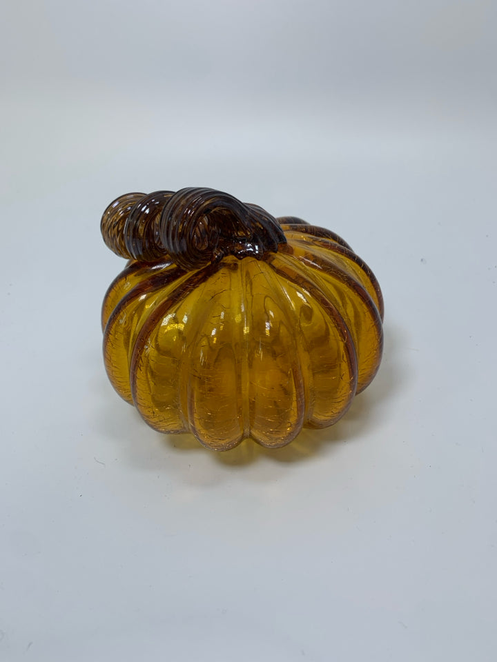 AMBER CRACKLE BLOWN GLASS PUMPKIN.