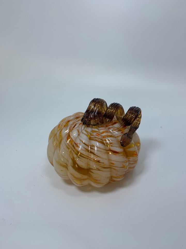ORANGE/WHITE PATTERN BLOWN GLASS PUMPKIN.
