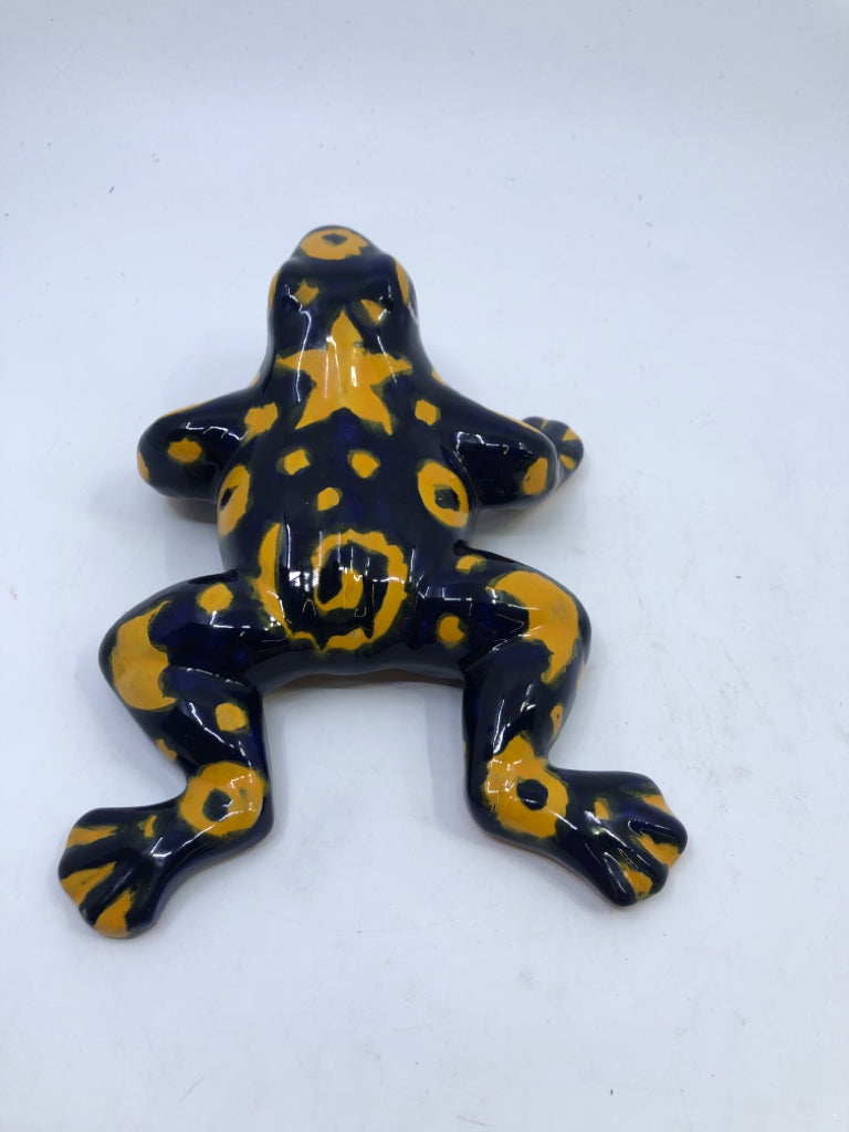 TERRA COTTA BLUE AND YELLOW FROG.