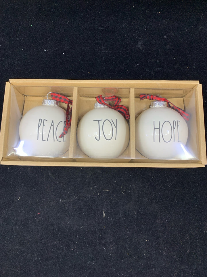 NIP PEACE,JOY,HOPE RAE DUNN CERAMIC ORNAMENTS.