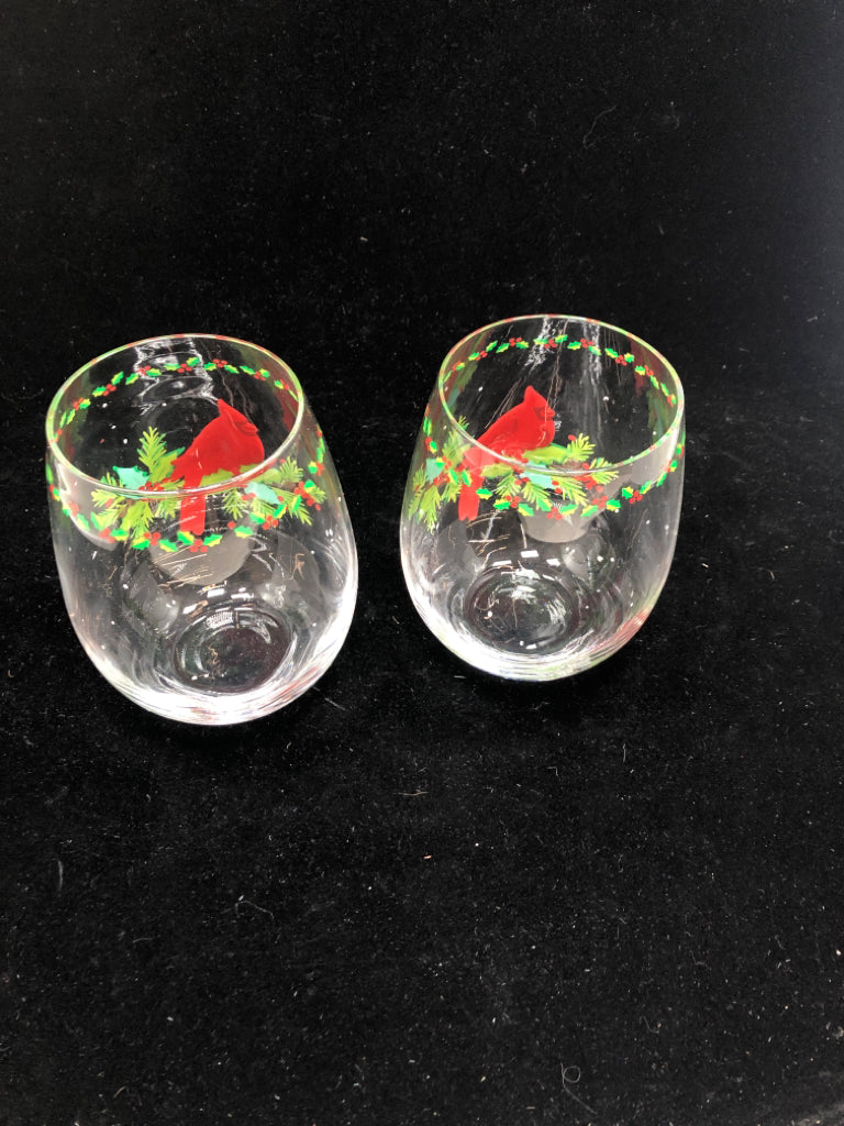 2 CARDINAL ON HOLLY BRANCH WINE GLASSES.
