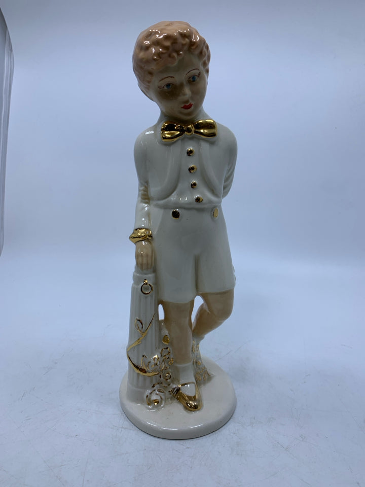 VTG HOLLAND MOLD STANDING BOY LEANING ON PILLAR GOLD DETAILS.