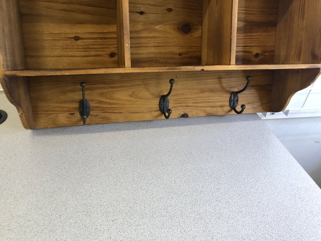 3 CUBBY, 3 HOOK WOOD WALL SHELF.