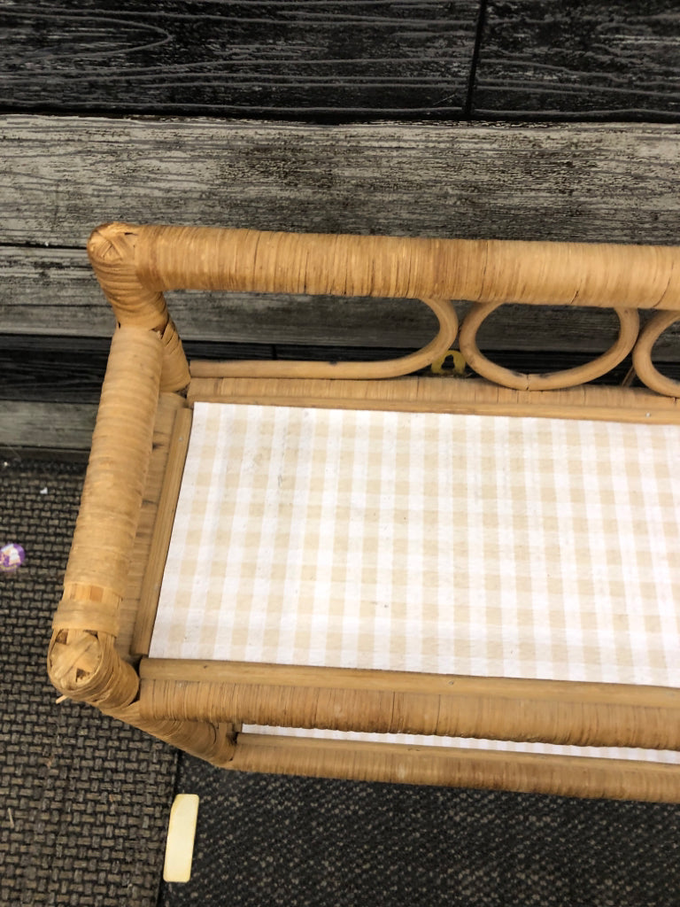 2 TIER WICKER SHELF W/ CHECK LINER.