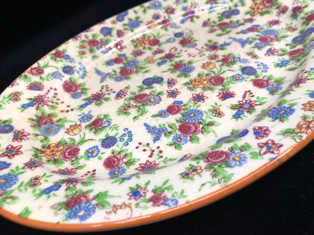VTG BLUE AND PINK FLORAL OVAL PLATTER- JAPAN.