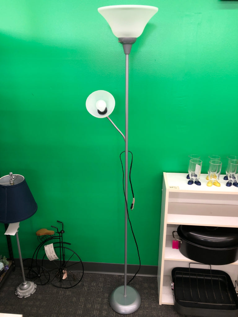 2 WHITE FROSTED FLOOR LAMP SILVER-ADJUSTABLE READING LIGHT.