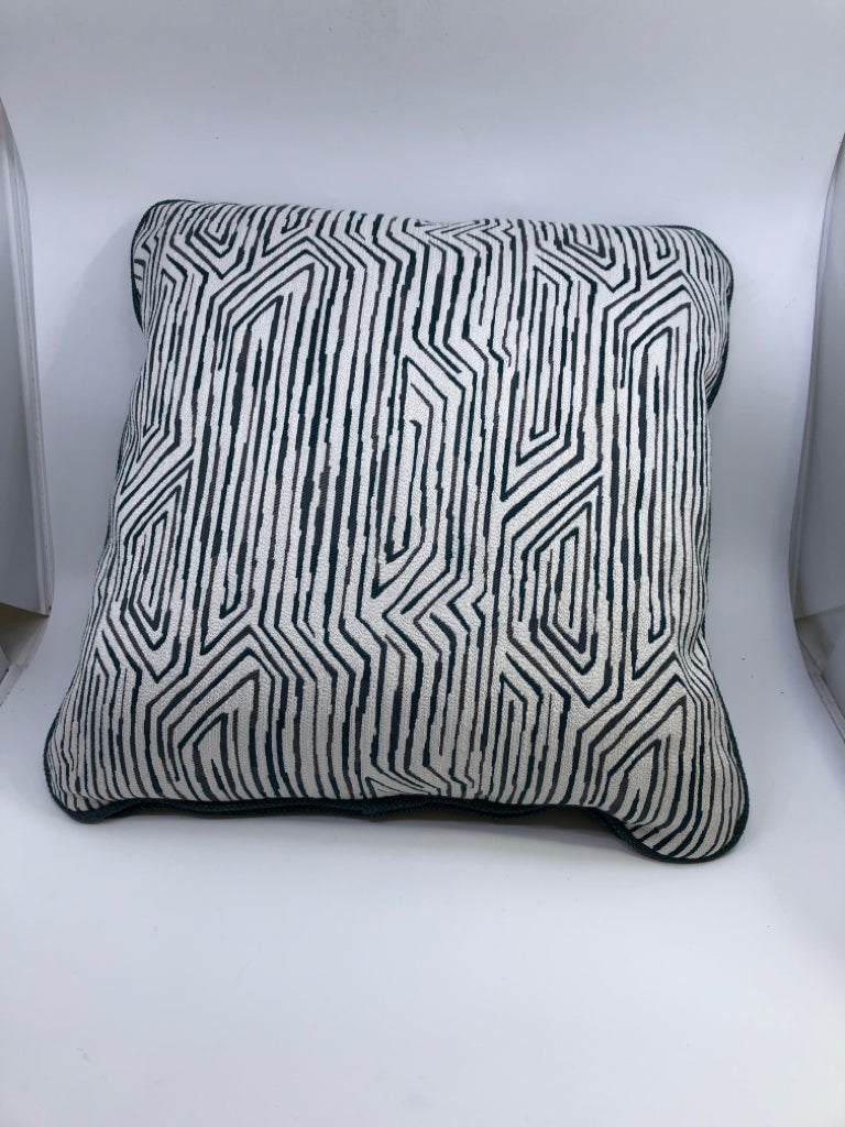 BLUE & WHITE PILLOW W/ABSTRACT LINE DESIGN.