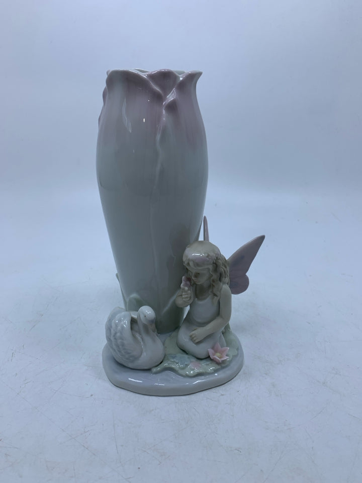 TULIP SHAPED VASE W/ FAIRY & SWAN AT BASE.