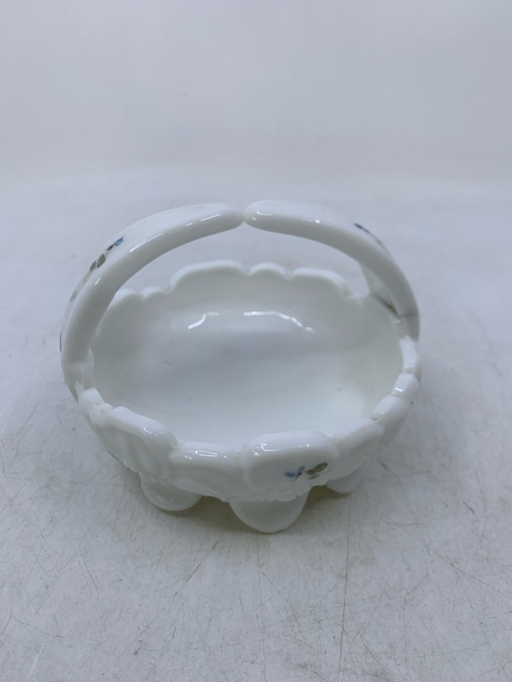 VTG FENTON MILK GLASS SMALL BASKET W/ PAINTED FLOWERS.