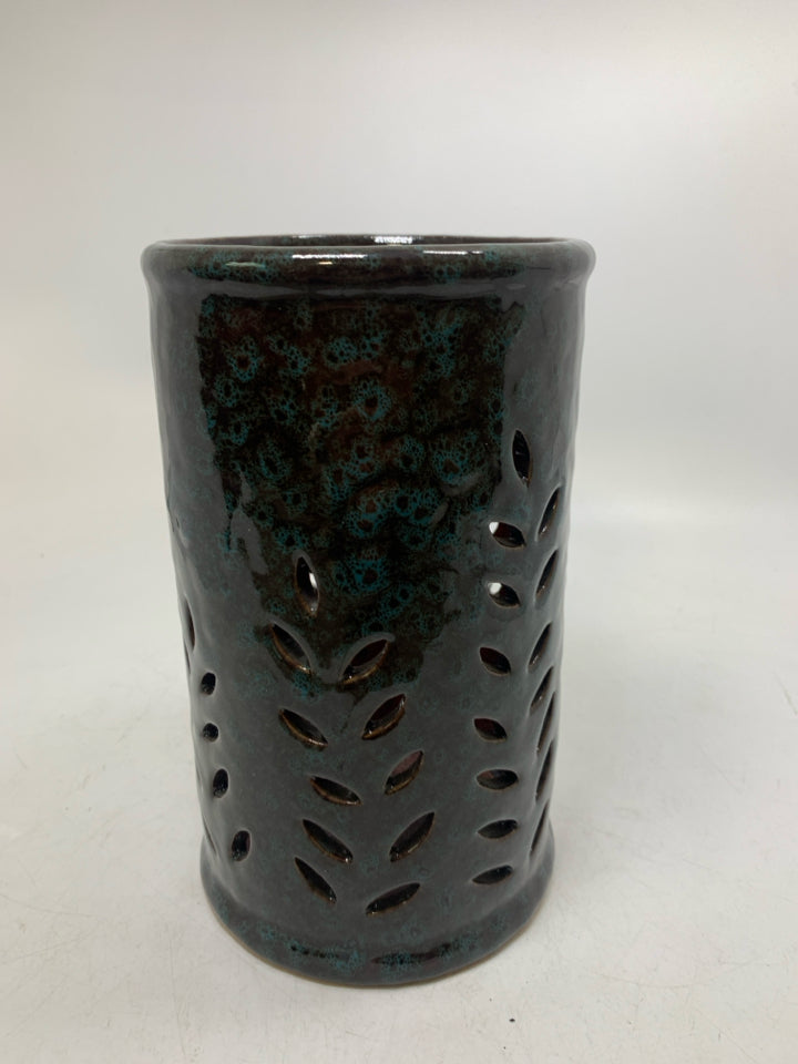 PIERCED CYLINDER TEAL SPECKS PILLAR CANDLE HOLDER.