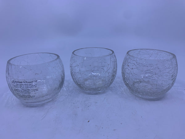 3PC CRACKED GLASS TEA LIGHT CANDLE HOLDERS.