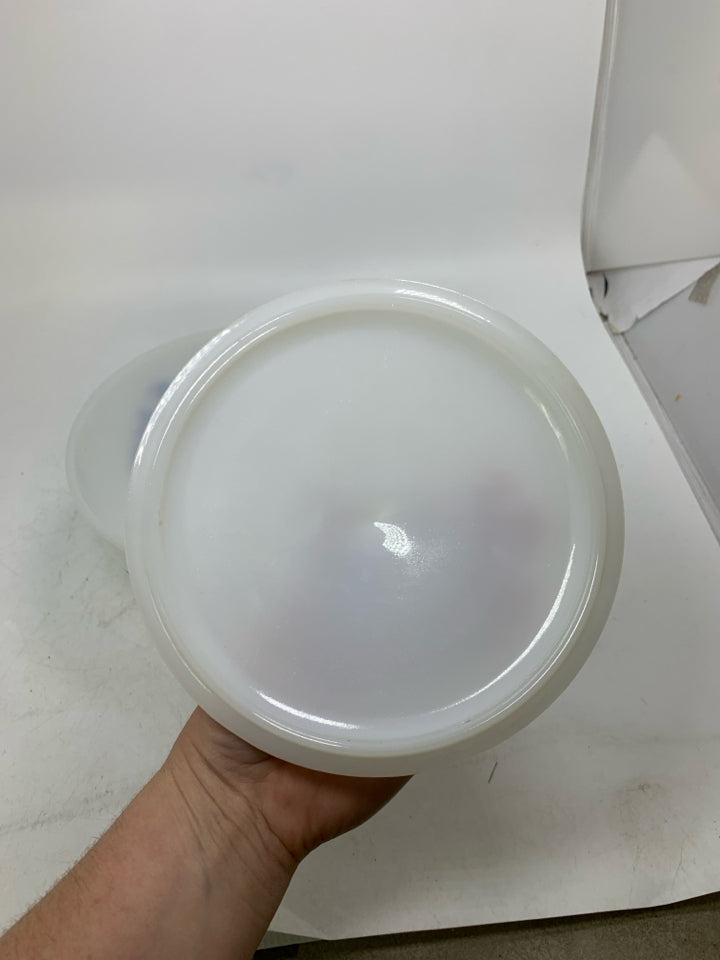 VTG MILK GLASS BLUE ROSES MIXING BOWL W/ LID.
