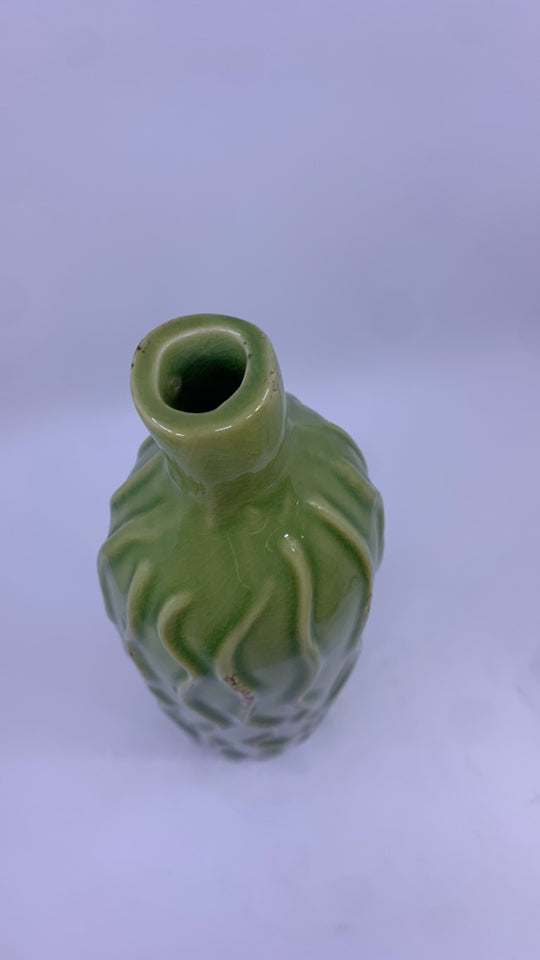 TALL GREEN TEXTURED VASE W NARROW NECK.